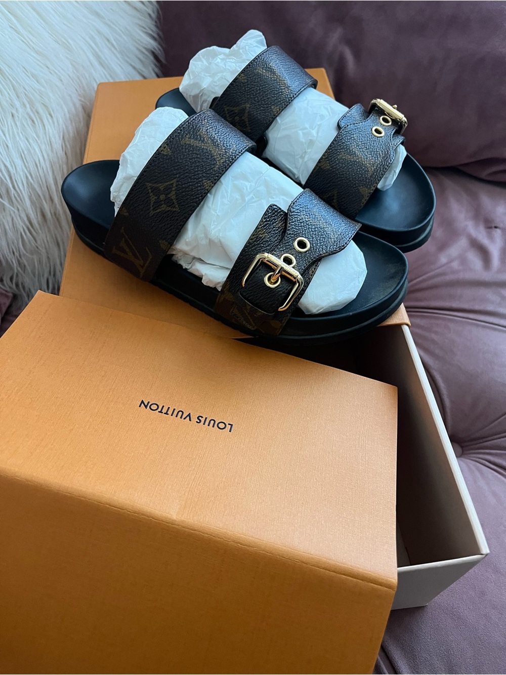 Louis Vuitton Brown Monogram Double-Strap Slide Sandals with Gold Buckles - Picture 3 of 5